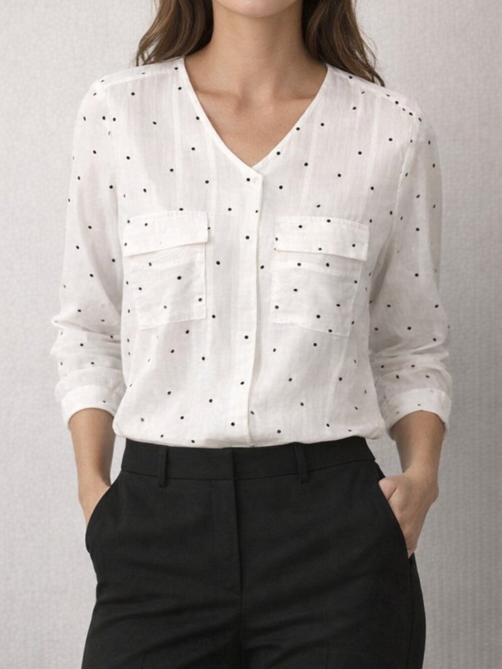 Molly Bracken White Black Polka Dot Blouse Lightweight S business casual